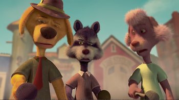 Movie still from “Chicken Little” (2005), directed by Mark Dindal – A group of cartoon characters standing next to each other in front of a building; Medium shot, High angle