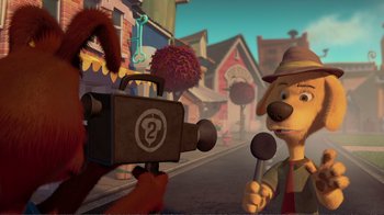 Movie still from “Chicken Little” (2005), directed by Mark Dindal – A person with a microphone and a camera in front of another person with a microphone; Medium shot, Over the shoulder angle