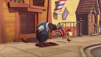 Movie still from “Chicken Little” (2005), directed by Mark Dindal – An animated scene of a man and a rooster; Extreme Wide shot, Low angle