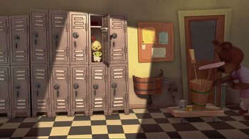 Movie still from “Chicken Little” (2005), directed by Mark Dindal – An illustration of a room with lockers , a mirror , and a sink; Extreme Wide shot, High angle