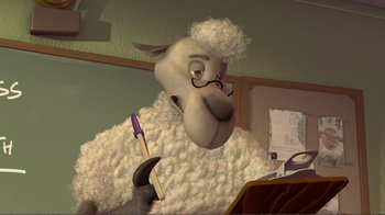 Movie still from “Chicken Little” (2005), directed by Mark Dindal – A sheep with a toothbrush in its mouth; Medium shot, High angle