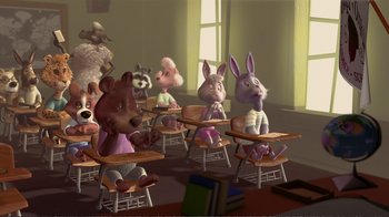 Movie still from “Chicken Little” (2005), directed by Mark Dindal – Many stuffed animals sitting in a classroom; Wide shot, High angle