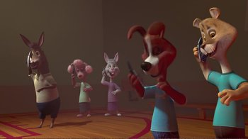 Movie still from “Chicken Little” (2005), directed by Mark Dindal – A group of cartoon characters are standing in a room; Medium shot, High angle