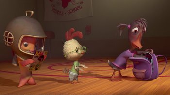 Movie still from “Chicken Little” (2005), directed by Mark Dindal – A couple of people that are standing in a room together; Wide shot, Over the shoulder angle
