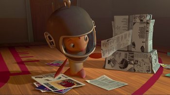 Movie still from “Chicken Little” (2005), directed by Mark Dindal – An animated figure is sitting on a table with newspapers; Wide shot, High angle
