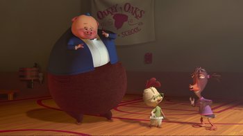 Movie still from “Chicken Little” (2005), directed by Mark Dindal – A pig and a boy are standing in a room; Wide shot, Low angle