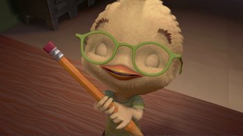 Movie still from “Chicken Little” (2005), directed by Mark Dindal – An animated character is holding a pencil and wearing glasses; Close Up shot, High angle