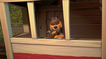 Movie still from “Chicken Little” (2005), directed by Mark Dindal – A dog sitting on the ground with a hat on; Wide shot, High angle