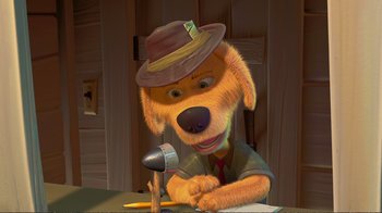 Movie still from “Chicken Little” (2005), directed by Mark Dindal – A cartoon dog with a hat and a microphone; Close Up shot, High angle
