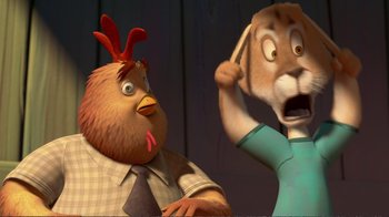 Movie still from “Chicken Little” (2005), directed by Mark Dindal – Two cartoon characters are looking at each other; Close Up shot, Over the shoulder angle
