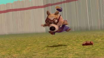 Movie still from “Chicken Little” (2005), directed by Mark Dindal – An animated dog flying through the air with a frisbee in its mouth; Wide shot, High angle