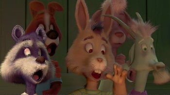 Movie still from “Chicken Little” (2005), directed by Mark Dindal – A group of cartoon characters with their faces in the air; Close Up shot, Over the shoulder angle