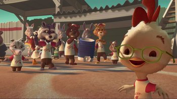Movie still from “Chicken Little” (2005), directed by Mark Dindal – A bunch of cartoon characters are standing in a row; Wide shot, Low angle