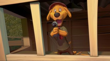 Movie still from “Chicken Little” (2005), directed by Mark Dindal – A cartoon dog holding a microphone in his mouth; Medium shot, High angle