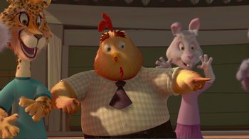 Movie still from “Chicken Little” (2005), directed by Mark Dindal – Two cartoon characters are standing next to each other; Medium shot, Low angle