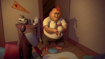 Movie still from “Chicken Little” (2005), directed by Mark Dindal – An animated chicken in a room holding a pair of scissors; Medium shot, High angle