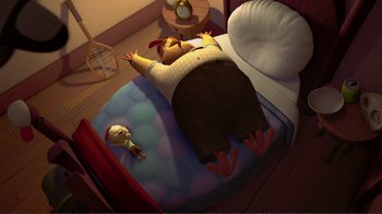 Movie still from “Chicken Little” (2005), directed by Mark Dindal – An animated person laying on a bed with a stuffed animal; Wide shot, Overhead angle