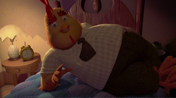 Movie still from “Chicken Little” (2005), directed by Mark Dindal – An animated character is sitting on a bed; Medium shot, High angle