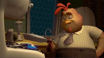Movie still from “Chicken Little” (2005), directed by Mark Dindal – A cartoon chicken holding an umbrella in front of a window; Medium shot, High angle