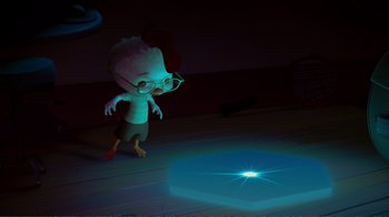 Movie still from “Chicken Little” (2005), directed by Mark Dindal – A small cartoon character with glasses is looking at a glowing object; Wide shot, High angle
