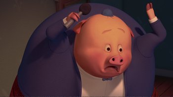 Movie still from “Chicken Little” (2005), directed by Mark Dindal – A cartoon pig with a microphone in his ear; Close Up shot, High angle