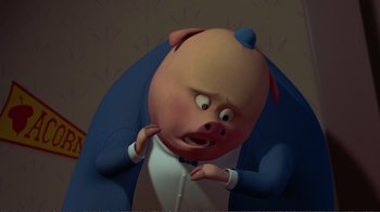Movie still from “Chicken Little” (2005), directed by Mark Dindal – A cartoon pig wearing a suit and tie; Medium shot, High angle