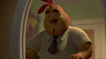 Movie still from “Chicken Little” (2005), directed by Mark Dindal – A cartoon of a chicken wearing a tie and looking into a mirror; Medium shot, Low angle