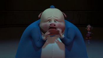 Movie still from “Chicken Little” (2005), directed by Mark Dindal – A cartoon pig with his mouth wide open; Medium shot, High angle