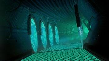 Movie still from “Chicken Little” (2005), directed by Mark Dindal – A group of green lights hanging from a ceiling; Extreme Wide shot, High angle