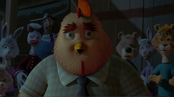 Movie still from “Chicken Little” (2005), directed by Mark Dindal – A man with a chicken head in front of some other animals; Close Up shot, Over the shoulder angle
