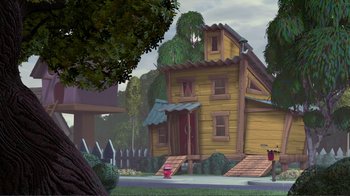 Movie still from “Chicken Little” (2005), directed by Mark Dindal – An animated picture of a house with a fire hydrant in front of it; Extreme Wide shot, Low angle
