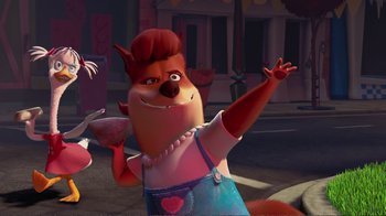 Movie still from “Chicken Little” (2005), directed by Mark Dindal – A cartoon character is standing in the street; Medium shot, Over the shoulder angle