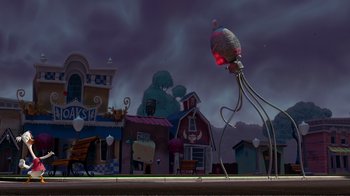 Movie still from “Chicken Little” (2005), directed by Mark Dindal – An animated town with a red light on top of it; Extreme Wide shot, Low angle