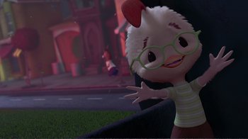 Movie still from “Chicken Little” (2005), directed by Mark Dindal – A cartoon of a person wearing glasses and a bunny costume; Medium shot, High angle