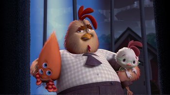 Movie still from “Chicken Little” (2005), directed by Mark Dindal – A man in a suit and tie with two stuffed animals; Medium shot, Low angle
