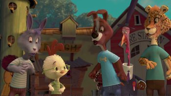 Movie still from “Chicken Little” (2005), directed by Mark Dindal – A couple of people that are standing in the grass; Wide shot, High angle