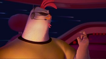 Movie still from “Chicken Little” (2005), directed by Mark Dindal – A cartoon of a chicken wearing a yellow t - shirt; Medium shot, Low angle