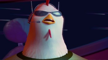 Movie still from “Chicken Little” (2005), directed by Mark Dindal – A chicken wearing sunglasses and a helmet; Extreme Close Up shot, Low angle