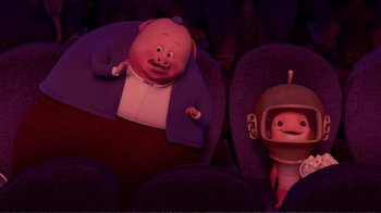 Movie still from “Chicken Little” (2005), directed by Mark Dindal – A cartoon pig sitting next to another cartoon character; Wide shot, High angle