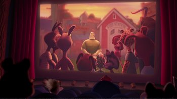 Movie still from “Chicken Little” (2005), directed by Mark Dindal – A group of cartoon characters in front of a movie screen; Wide shot, Over the shoulder angle