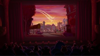 Movie still from “Chicken Little” (2005), directed by Mark Dindal – An image of a movie theater scene with a meteor coming out of the sky; Extreme Wide shot, Low angle