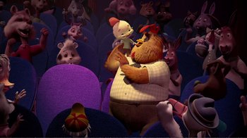 Movie still from “Chicken Little” (2005), directed by Mark Dindal – An image of an animated character in a movie theater; Wide shot, High angle