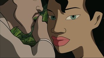 Movie still from “Chico & Rita” (2010), directed by Javier Mariscal – A woman with green eyes talking on a phone; Extreme Close Up shot, High angle