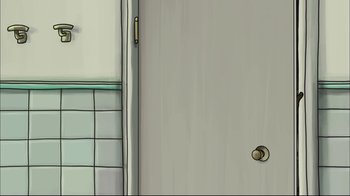 Movie still from “Chico & Rita” (2010), directed by Javier Mariscal – The door of the bathroom is open and the door is closed; Extreme Close Up shot, Overhead angle
