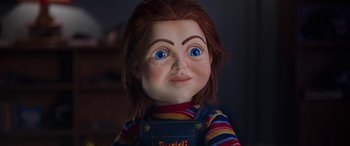 Movie still from “Child's Play” (2019), directed by Lars Klevberg – The head of a chucky doll; Close Up shot, High angle