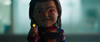 Movie still from “Child's Play” (2019), directed by Lars Klevberg – A child's play chucky doll; Close Up shot, Low angle