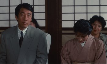 Movie still from “Chizuko's Younger Sister” (1991), directed by Nobuhiko Ôbayashi – A man and a woman sitting next to each other; Medium shot, Low angle