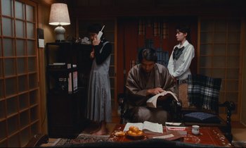 Movie still from “Chizuko's Younger Sister” (1991), directed by Nobuhiko Ôbayashi – Three people are sitting in a living room; Wide shot, Low angle