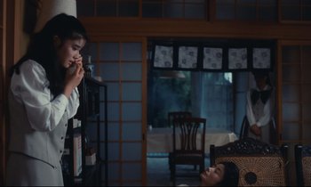 Movie still from “Chizuko's Younger Sister” (1991), directed by Nobuhiko Ôbayashi – Two people are sitting in a living room; Medium shot, Over the shoulder angle