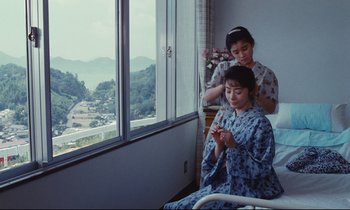 Movie still from “Chizuko's Younger Sister” (1991), directed by Nobuhiko Ôbayashi – Two women are sitting in front of a large window; Medium shot, High angle